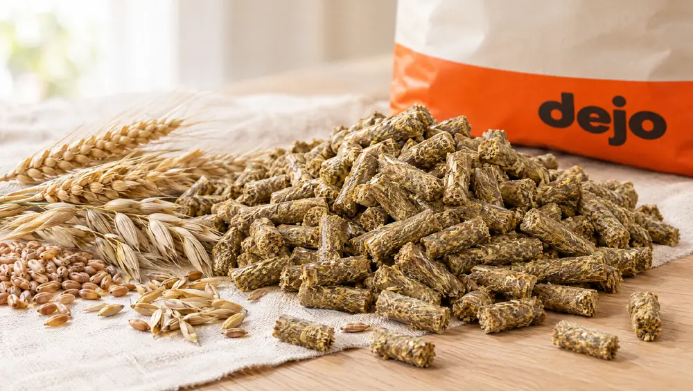 Pellet zbożowy (agro) Dejo obok kłosów i ziaren zboża